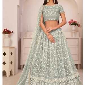 Indian Wedding - Green Sequin Embroidered Net Lehenga